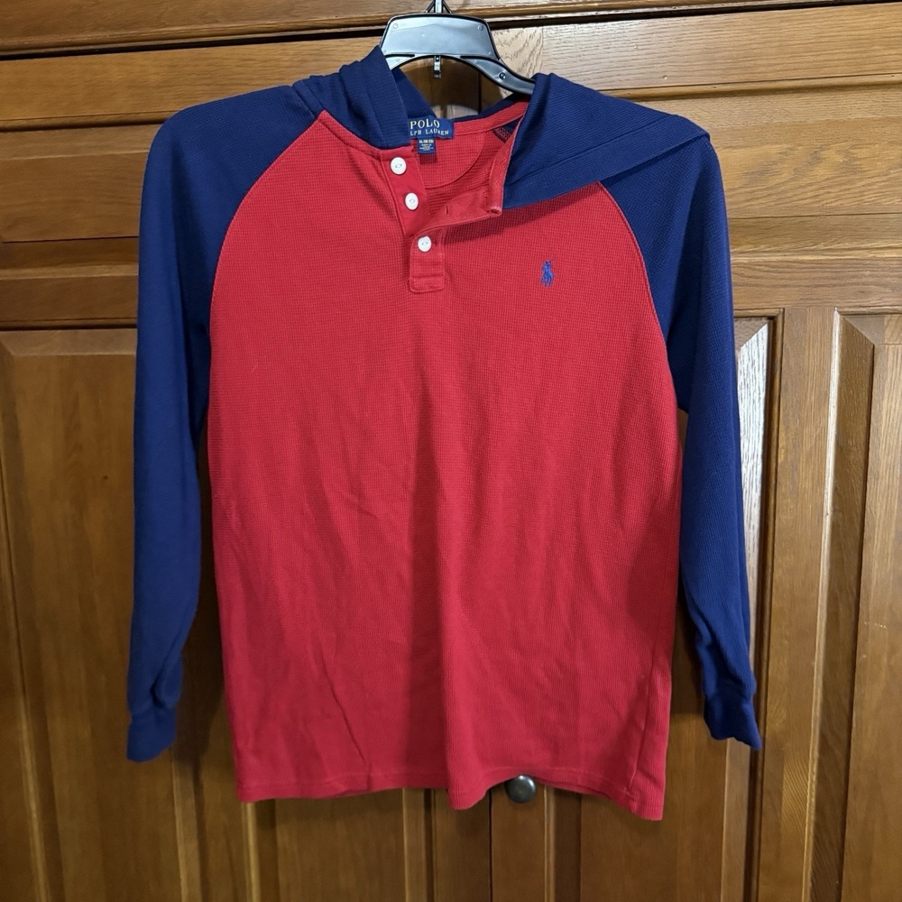Polo Ralph Lauren Boys XL 18/20 Hoodie Henley Sweater Red Thermal Waffle Knit